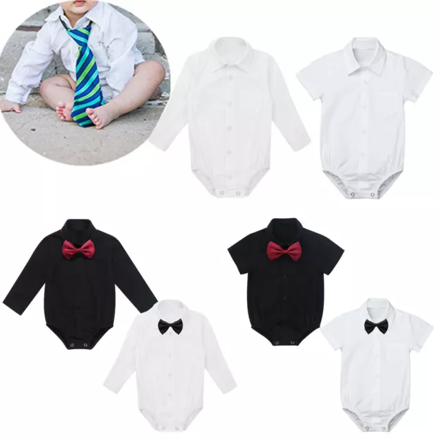 Baby Boys Dress Shirt Toddler Gentleman Bowtie Formal Suit Party Romper Outfits