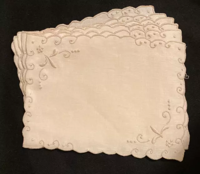 Vintage Madeira Embroidery Linen Cocktail Napkins (6), Swirls, Scallops NOS