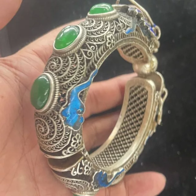 Old Chinese Tibet silver inlay gemstone handmade bracelet 488