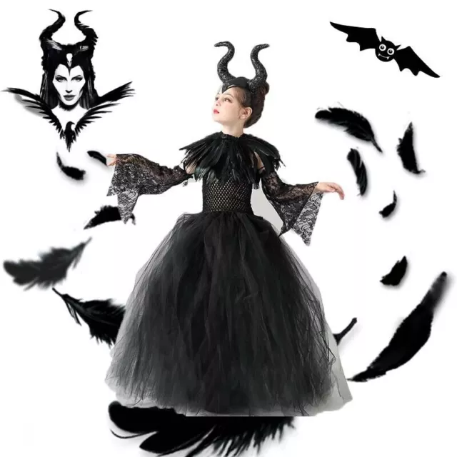 5 Stück Halloween Set Mädchen Maleficent Cosplay Kostüm Kleider Hexe Kleid Set *