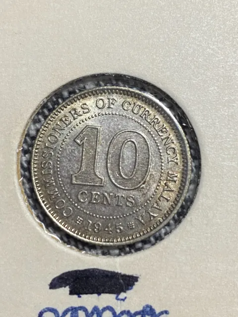 Malaya 1945 10 Cent Silver Coin WW2 Era Giorgio VI