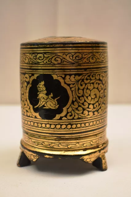 Antique Burmese Betel Box (Kun-It, Yun - Shwe Zawa) Gold And Black Leaf Design " 3