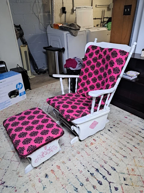 Vintage Glider Chair And Ottoman for Baby Girl Nursery.  Hand painted patterns