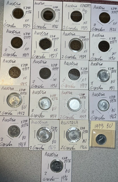 Austria 1925 - 1976 One 1 & 2 Groschen 21 Coin Lot High Grades XF - BU Condition