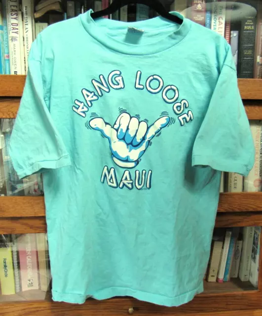 Vtg 1985 Hang Loose Maui Shaka Poly Tees XL T-Shirt Printed in Hawaii Aqua-Blue