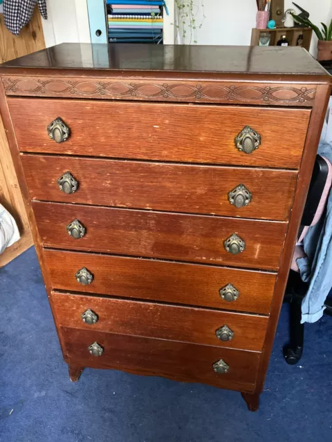 Vintage Lebus Chest of Drawers - Mid Century Oak Tallboy - 1950s Scarab Handles