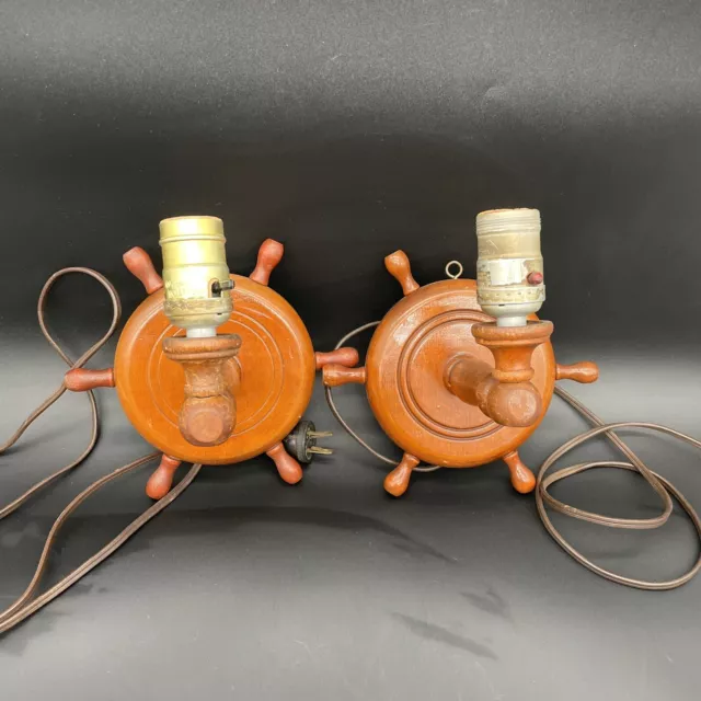 Vtg Wood Ships Wheel Wall Sconce Lamp Light Nautical Theme - Set Of 2