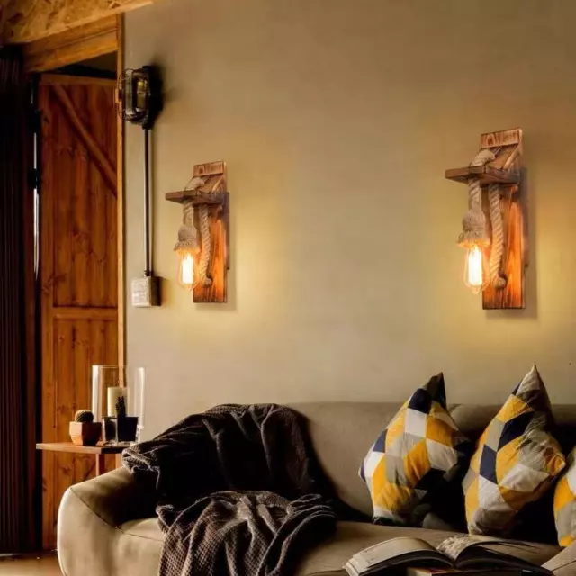 Applique lampada da parete in legno e corda di canapa E27 stile vintage country 2