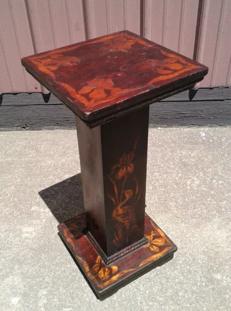 Antique Victorian Pedestal Plant Stand w Hand Carved Heron and Iris Pyrography