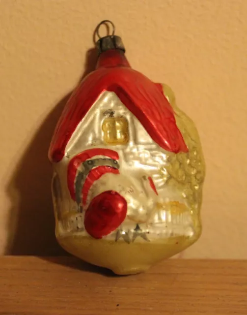 Antique German Glass House Christmas Ornament Turkey In Front