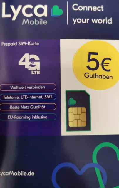 Lycamobile inkl.5€ Crédit, Prépayé Carte SIM Ab 1Cent Téléphoner À L'Étranger