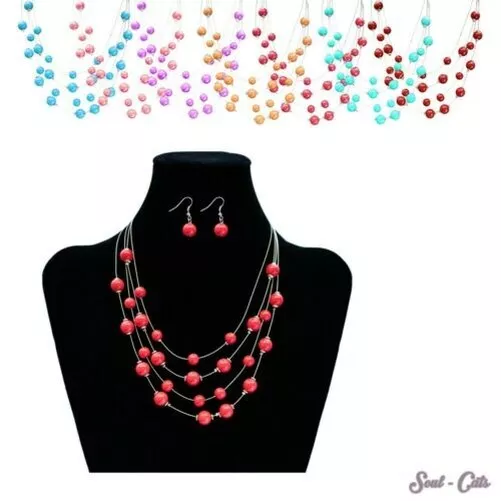 1 Set de Bijoux Chaîne Avec Ohrringen Perles Rose Mauve Turquoise Blanc Braun