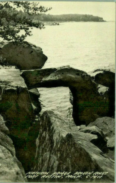Vintage Port Austin, Michigan RPPC - "Broken Rocks, Natural Bridge". #204