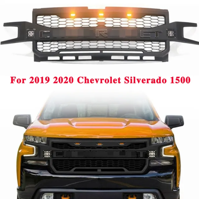 For 2019 2020 Chevrolet Silverado 1500 Front Grill with 3+2 LED Lights & Letters