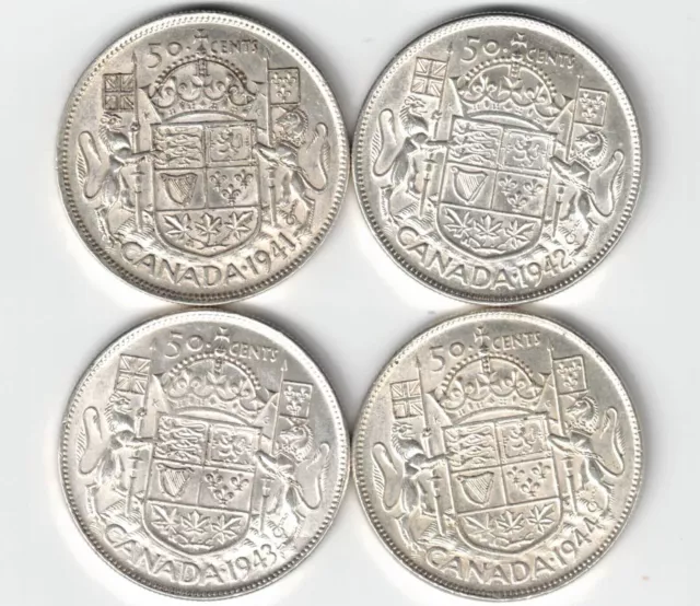 4 X Canada 50 Cents Half Dollars King George Vi Silver Coins 1941 1942 1943 1944