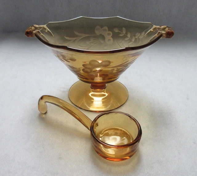 Depression Era Etched Amber Footed Double Handle Compote/Bowl & Ladle