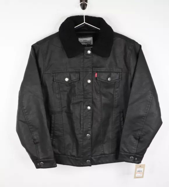 Levi’s Womens Faux Leather Trucker Jacket Sherpa Fleece Lined Black 2X Plus