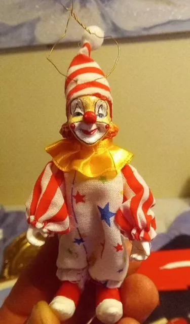 Ceramic Resin Circus Clown Red Stripes & Stars Ornament With Posable Arms