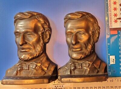 Antique Abraham Lincoln Bookends Set of 2 Statue Sculpture Bust Cast Iron Bronze