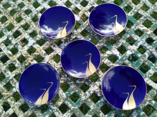 A Set Antique / Vintage Japanese Fukagawa Arita Cobalt Blue Plates Gold Cranes.