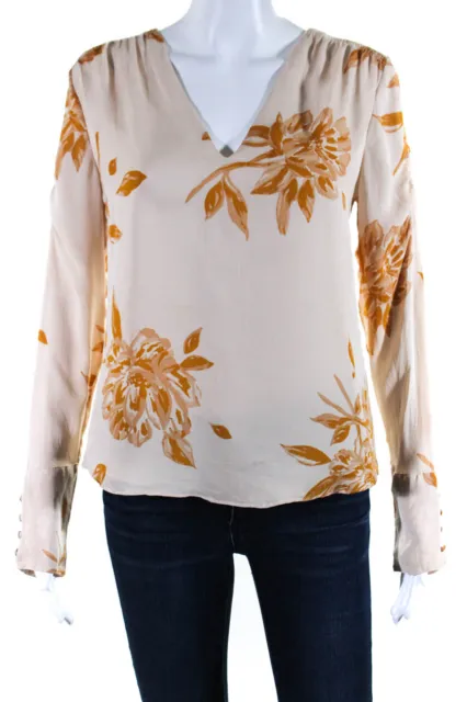 Joie Womens Silk Chiffon Floral Print Long Sleeve V-Neck Blouse Top Pink Size XS