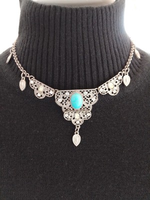 TURQUOISE GEMSTONE NUGGET in silver 4 strand charm necklace