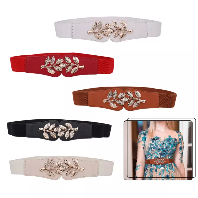 Ladies Women Stretch Elastic Waist Belt Wide Dress Fashion Tree Leaves Buckle