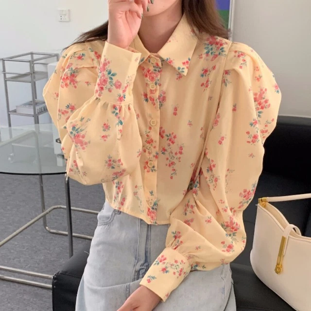 Femme Imprimé Floral Coton Chemise Chemisier Manches Ballons Desseré Haut Court
