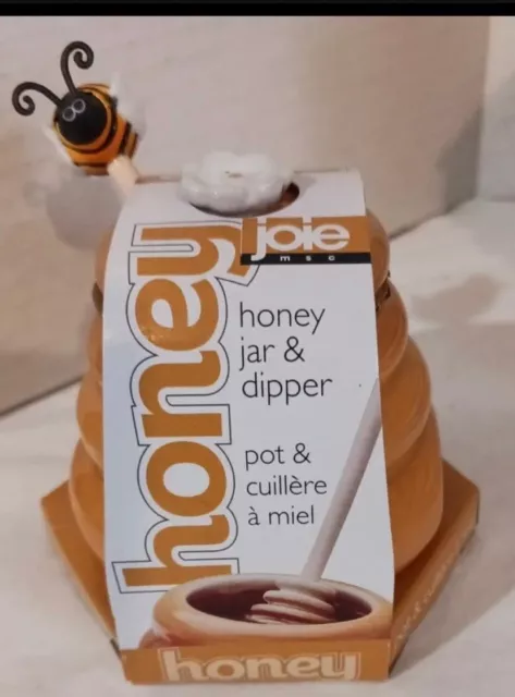 Honey Pot With Wooden Bee Dipper ceramic jar holds 4oz Joie