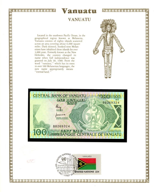 Vanuatu 100 Vatu 1982 P-1a UNC w/FDI UN FLAG STAMP BB269324