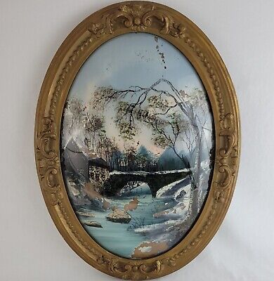 Antique Oval Frame Wood Picture Convex Bubble Glass Gold Gesso Ornate Wall Decor