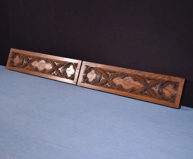 *Pair of Antique Gothic Carved Drawer Panels/Trim in Solid Oak Wood Salvage 3