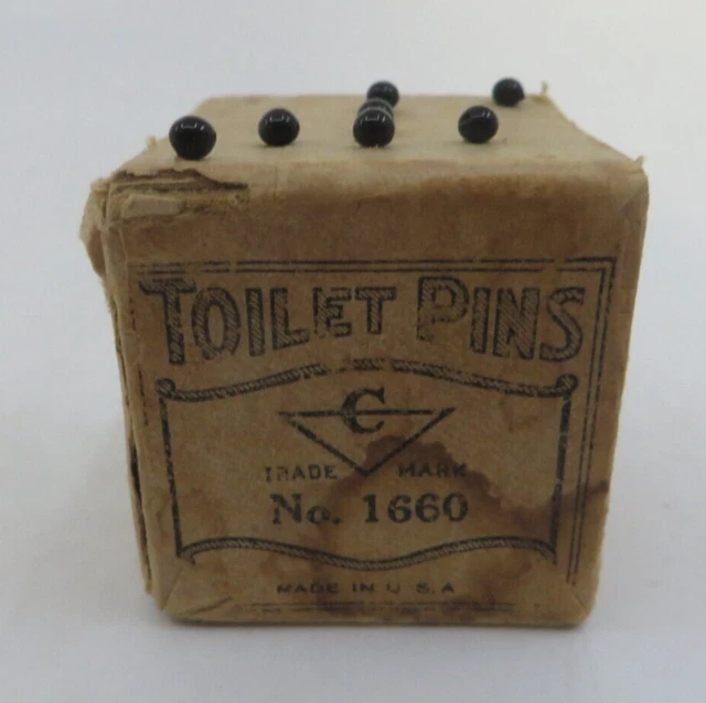 VINTAGE ANTIQUE TOILET Pins Small Cube Box Black Glass Heads Sewing