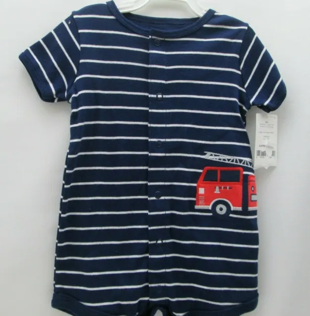 Carters 6 Month Baby Boys One Piece Jumpsuit Navy Blue Striped with Fire Truck
