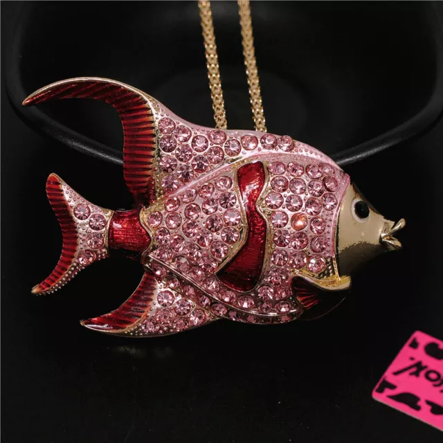 Fashion Women Rhinestone Pink Cute Tropical Fish Crystal Pendant Chain Necklace