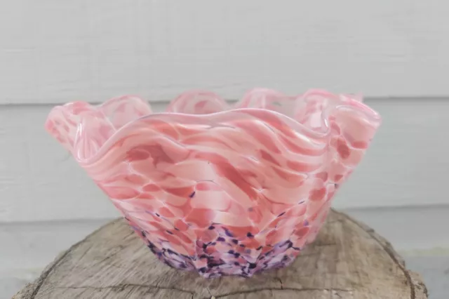 Hand Blown Pink Black Art Glass Ruffle Scallop Bowl Speckle Swirl Gorgeous!