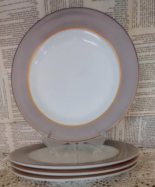 Plates 4 Pyrex Sunday Best Vintage 1960 White Gray Rim Gold Trim Dessert 8"