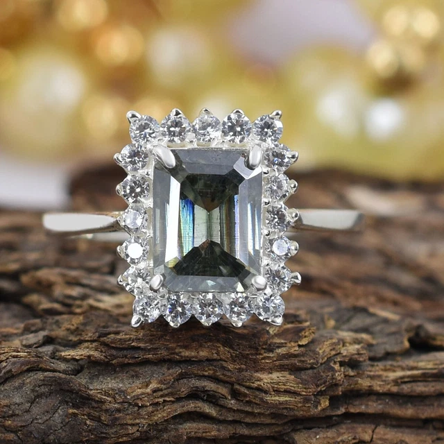 Gorgeous Emerald Cut Certified Blue Diamond Ring,  -925 Silver-Great Luster !