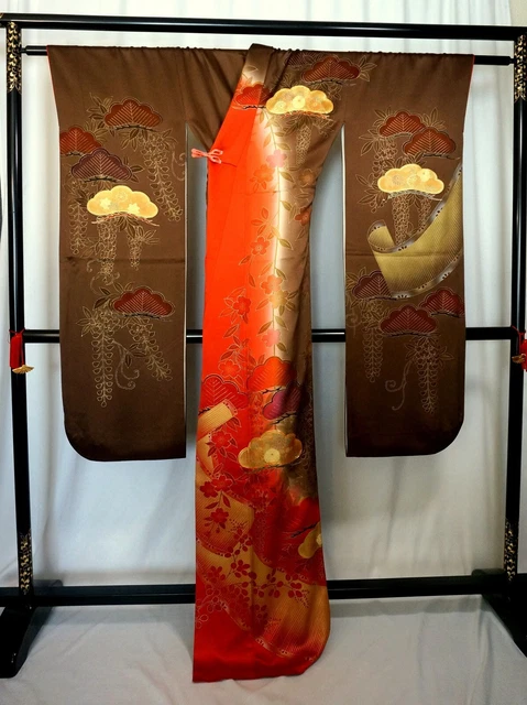 Japanese kimono SILK"FURISODE" long sleeves,Gold leaf,SAKURA,Pine,L5' 6"..3389 3