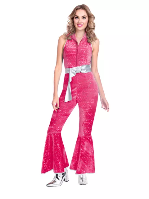 Adult Ladies 60s 70s 80s Fancy Dress Jumpsuit Costume Retro Disco Hen Night Pink