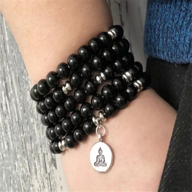 8mm Natural Black Agate Gemstone 108 Beads Mala Bracelet Charm Everyday Durable