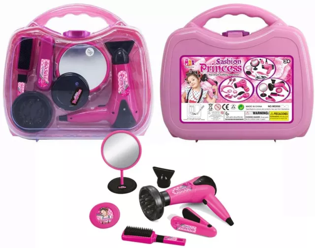 Girls Hairdresser Role Play Set Kids Hair Dryer Stylist Hard Pink Carry Case Toy