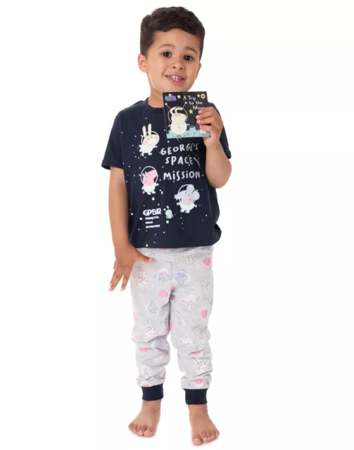Peppa Pig George Pyjama Jungen Mädchen Space T-Shirt Hose PJS mit Geschichtenbuch