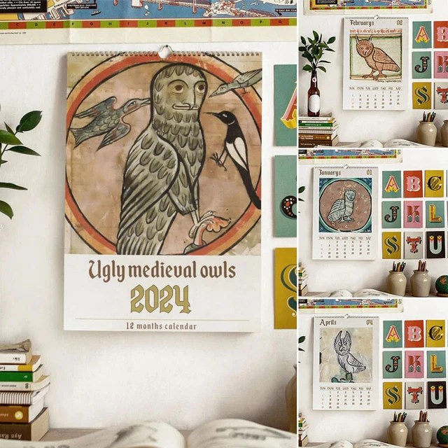 WEIRD MEDIEVAL OWL Calendar 2024 Wall Calendar Home For Xmas Gift 14.