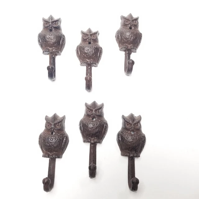Wise Owl Cast Iron Brown Wall Hooks Pair Heavy