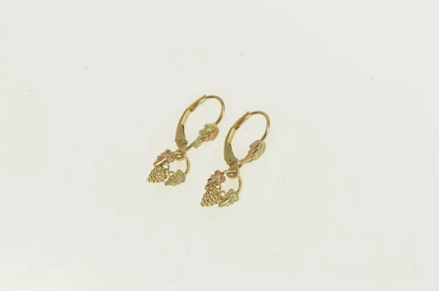 10K Black Hills Leaf Fruit Grape Cluster Dangle Earrings Yellow Gold *88