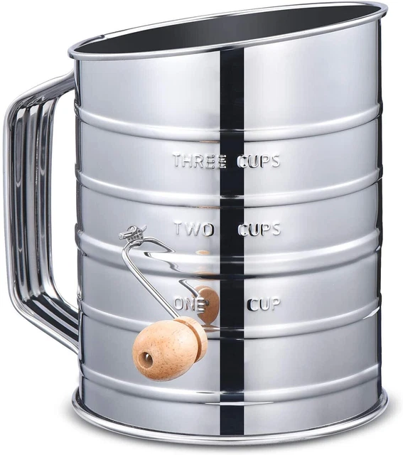 Stainless Steel Flour Sugar Sifter Rotary Hand Crank 3 Cup With 2 Wire Agitator
