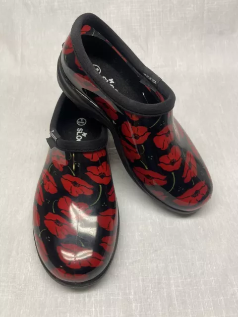 Sloggers Women’s Slip On Rain/Gardening Shoes Black Red Floral Pattern Size 6