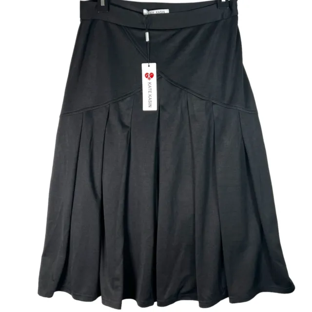 Kate Kasin High Rise Black Pleated Midi Skirt Womens Size Large Stretch Side Zip