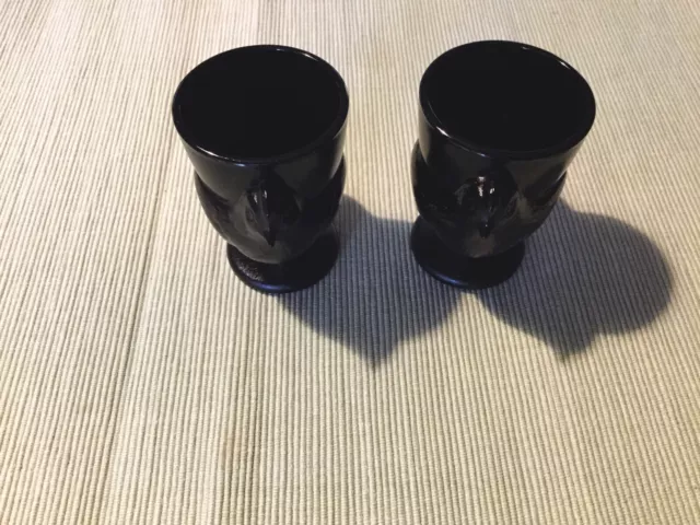 2 Vintage French Black Glass Chicken Hen Egg Cups Quality 1970's Retro France